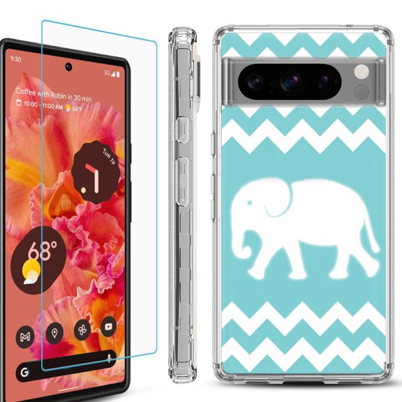 OneToughShield ® Compatible with Google Pixel 8 Pro, Shockproof Phone Case, with Tempered Glass Screen Protector - Chevron/Elephant
