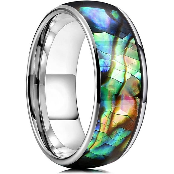 Wedding Rings Mens or Unisex 8mm Domed Silver Tungsten Abalone Wedding Band