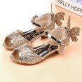 thumbnail image 4 of Xfvqtps New Kids Girls Dress Shoes Chunky Low Heels Ankle Buckle Peep Toe Sequins Butterfly Rhinestone Star Moon Pendant Glitter Ballet Performance Wedding Party Mary Jane Princess Shoes Gold, 4 of 6