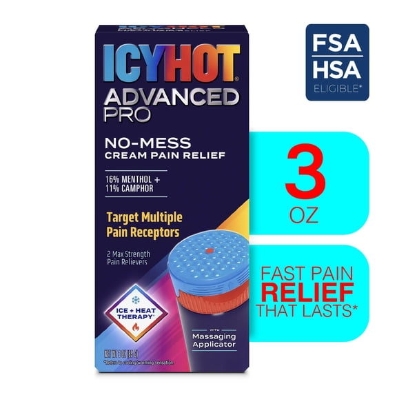 Icy Hot Advanced PRO Pain Relief No-Mess Cream With Massaging Applicator, Max Strength Pain Relief With Menthol 16% and Camphor 11% for Backaches, Joints, Muscle Strains and Arthritis, 3 oz