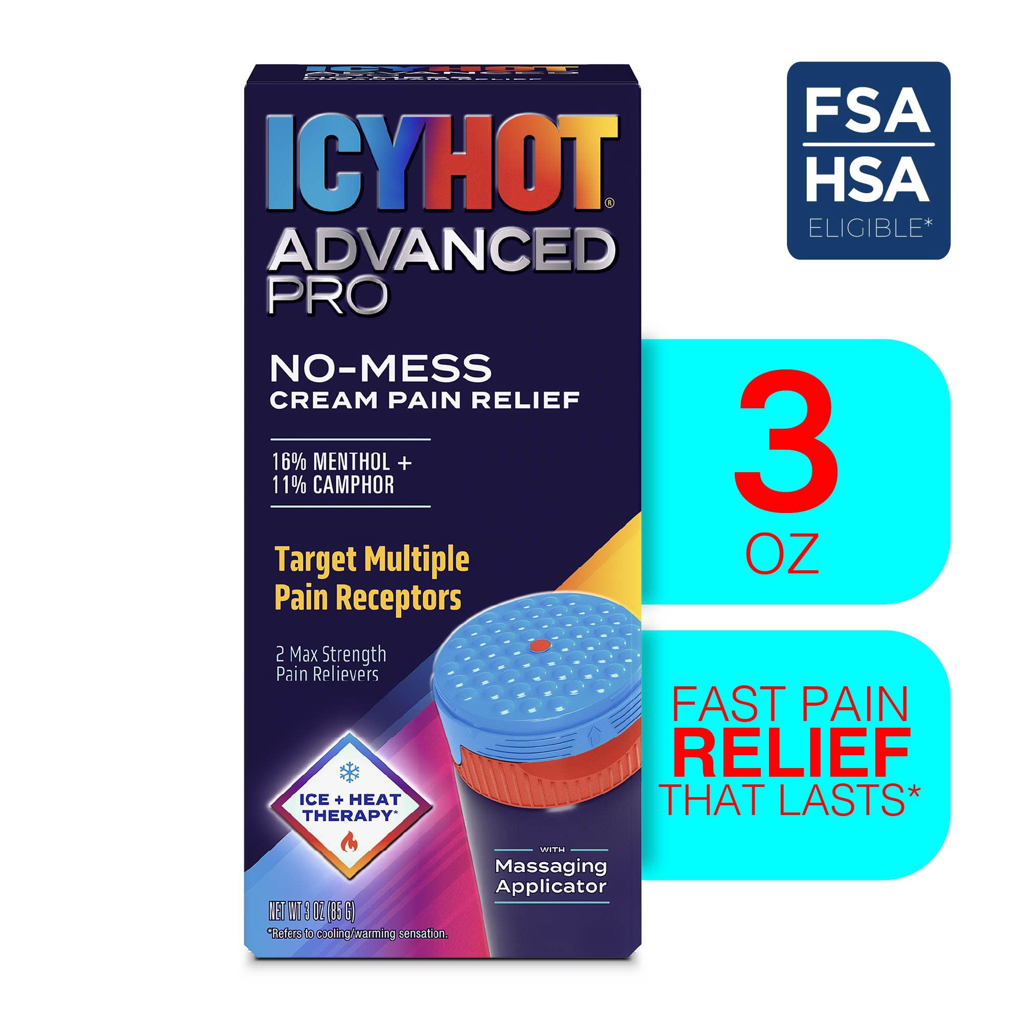 Icy Hot Advanced PRO Pain Relief No-Mess Cream With Massaging Applicator, Max Strength Pain Relief With Menthol 16% and Camphor 11% for Backaches, Joints, Muscle Strains and Arthritis, 3 oz