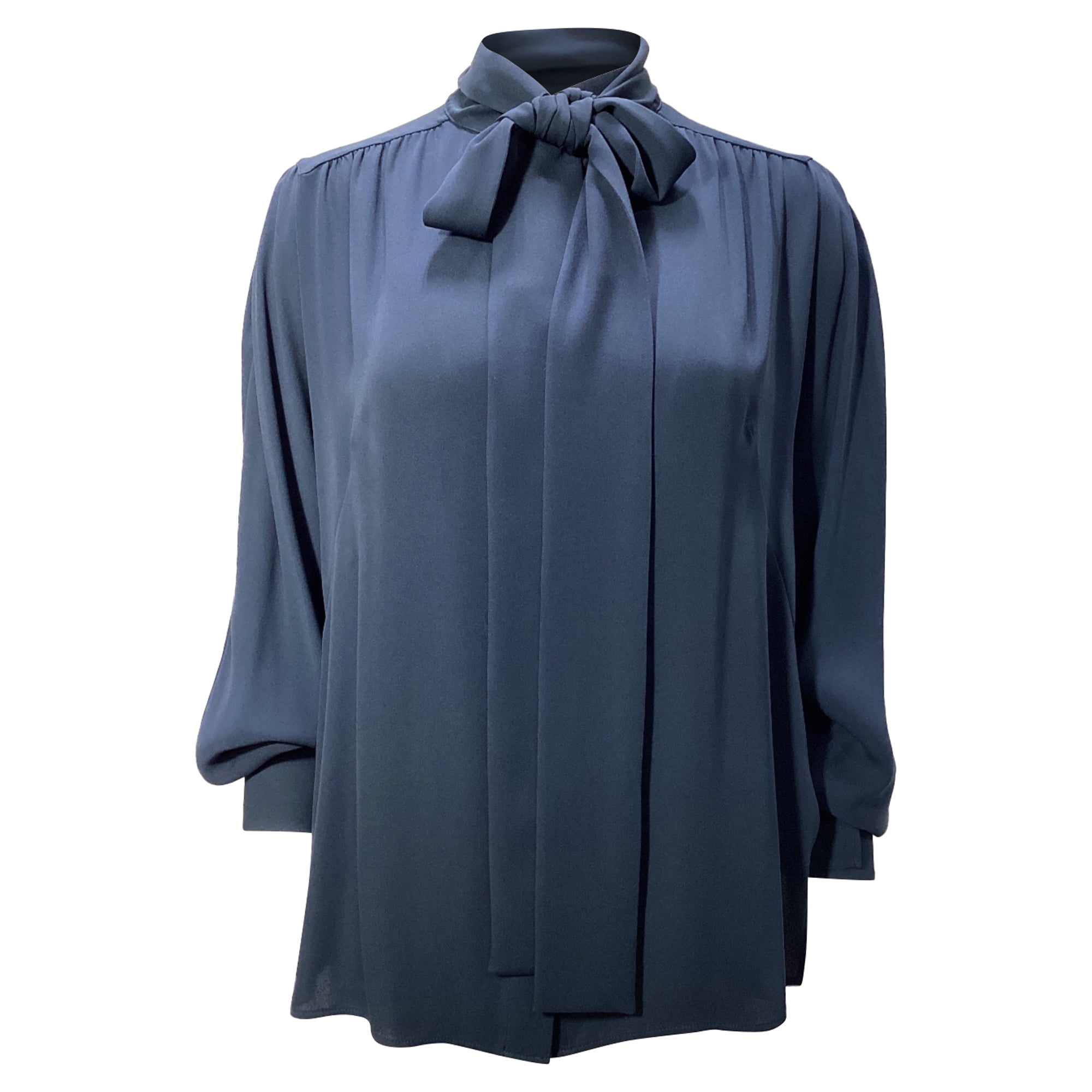 Pre-Owned Akris Smocked Crepe De Chine Tie Neck Blouse in Navy Blue Polyester