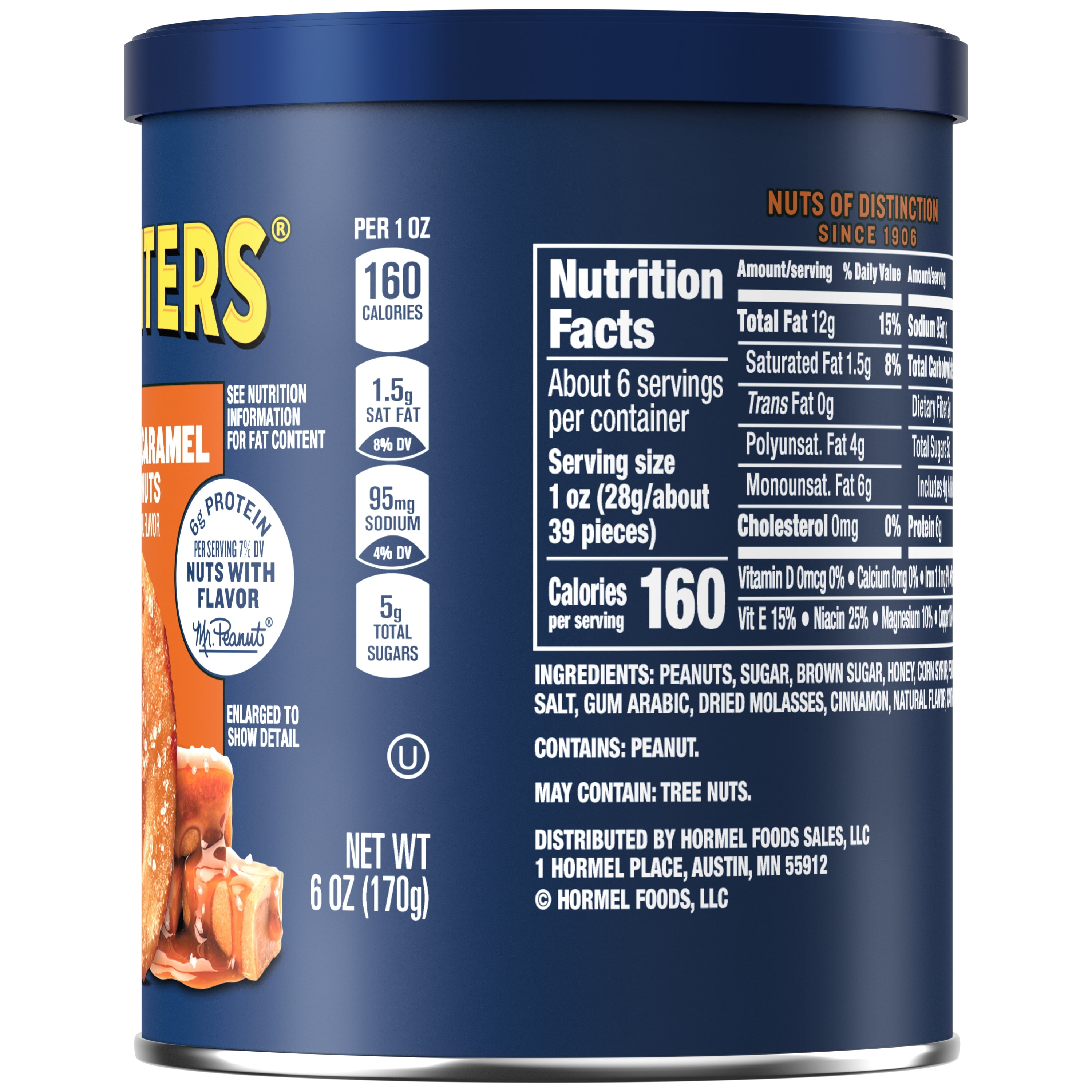 PLANTERS Salted Caramel Peanuts, Sweet and Salty Snacks, Plant Based Protein, 6 oz Canister