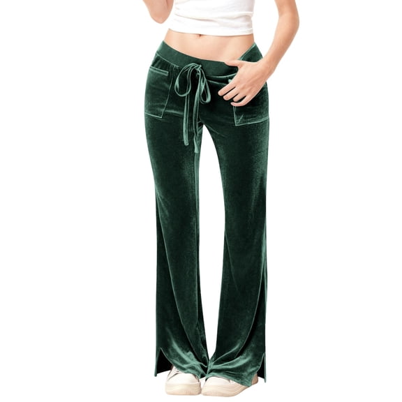 acuever Women's Velvet Wide Leg Flare Pants - High Waisted Drawstring Design Casual Trousers with Pockets Women's Casual Pants