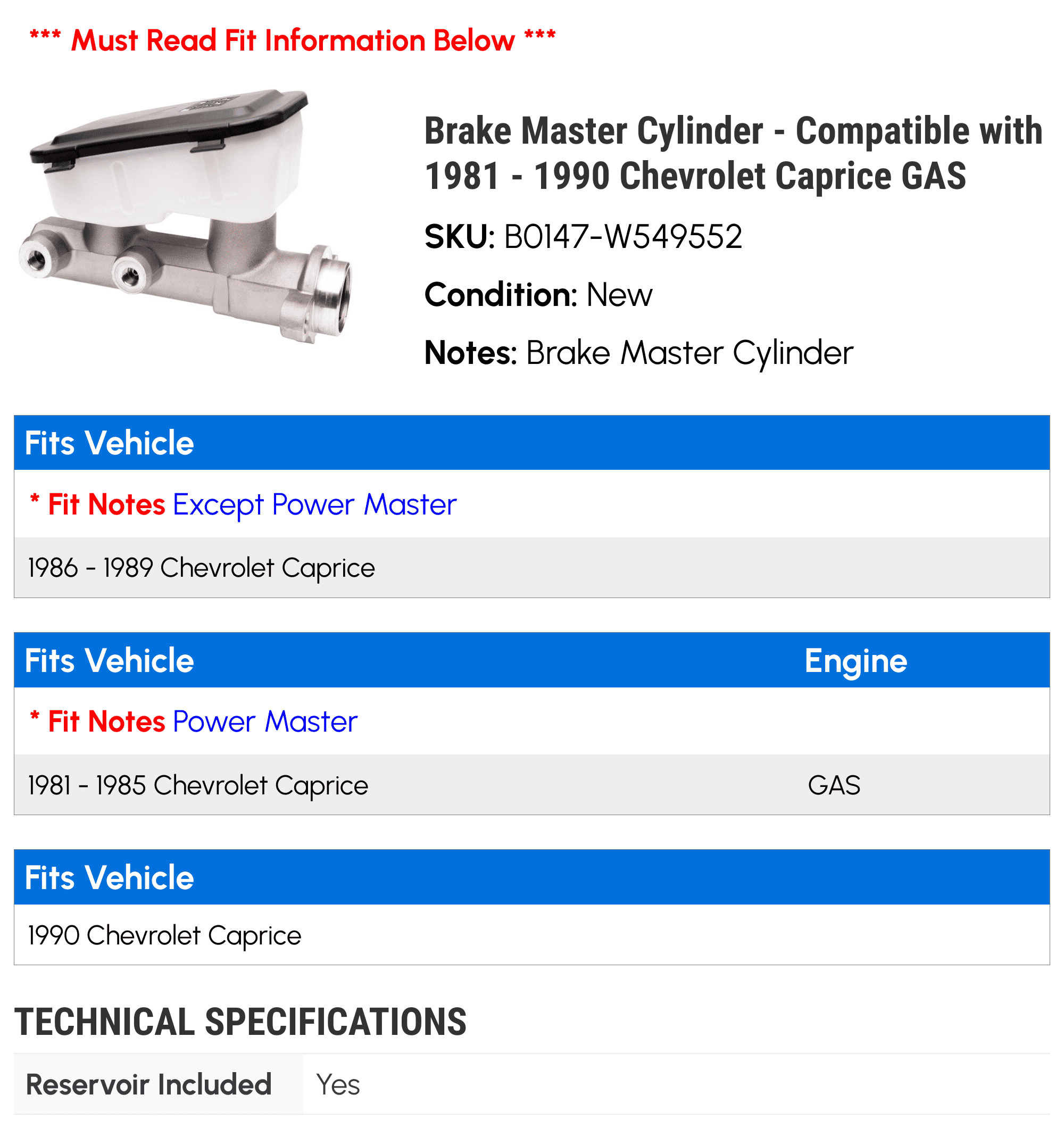 Brake Master Cylinder - Compatible with 1981 - 1990 Chevrolet Caprice GAS - Dynamic Friction
