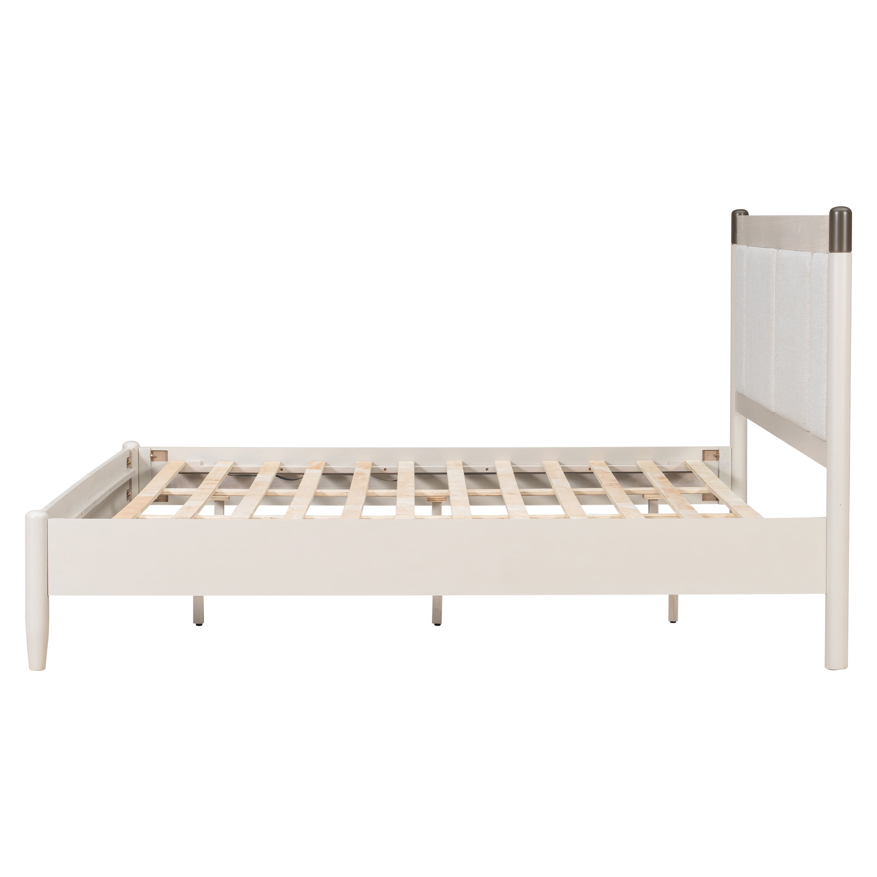 King Bed Frame 81 Inch, Solid Wood Platform Bed with Upholstered Headboard and Metal Handles, Heavy Duty Bed Frame with 600 lbs Support, Grey
