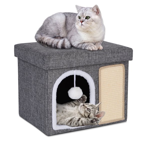 ZXMT Cat Bed for Indoor Cats,Pet Cat House Cube Kitty Cat Cave Bench Bed Furniture with Scratch Pad and Fluffy Hanging Ball