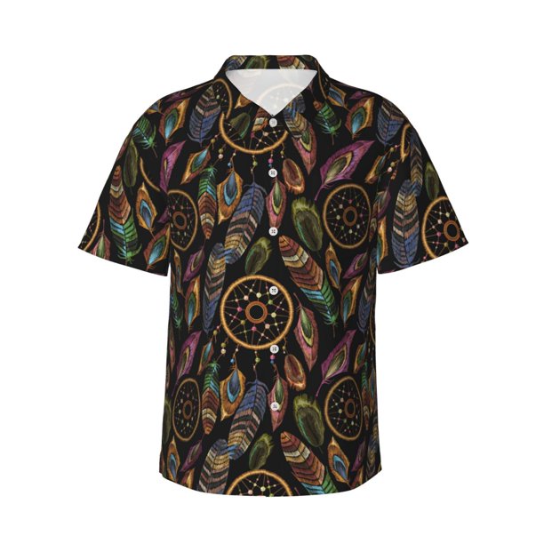 Fotbe Decorative Feathers Camisa Hawaiana para Hombre Unisex – Camisa Casual de Verano con Botones de Manga Corta de Algodón y Lino,Medium
