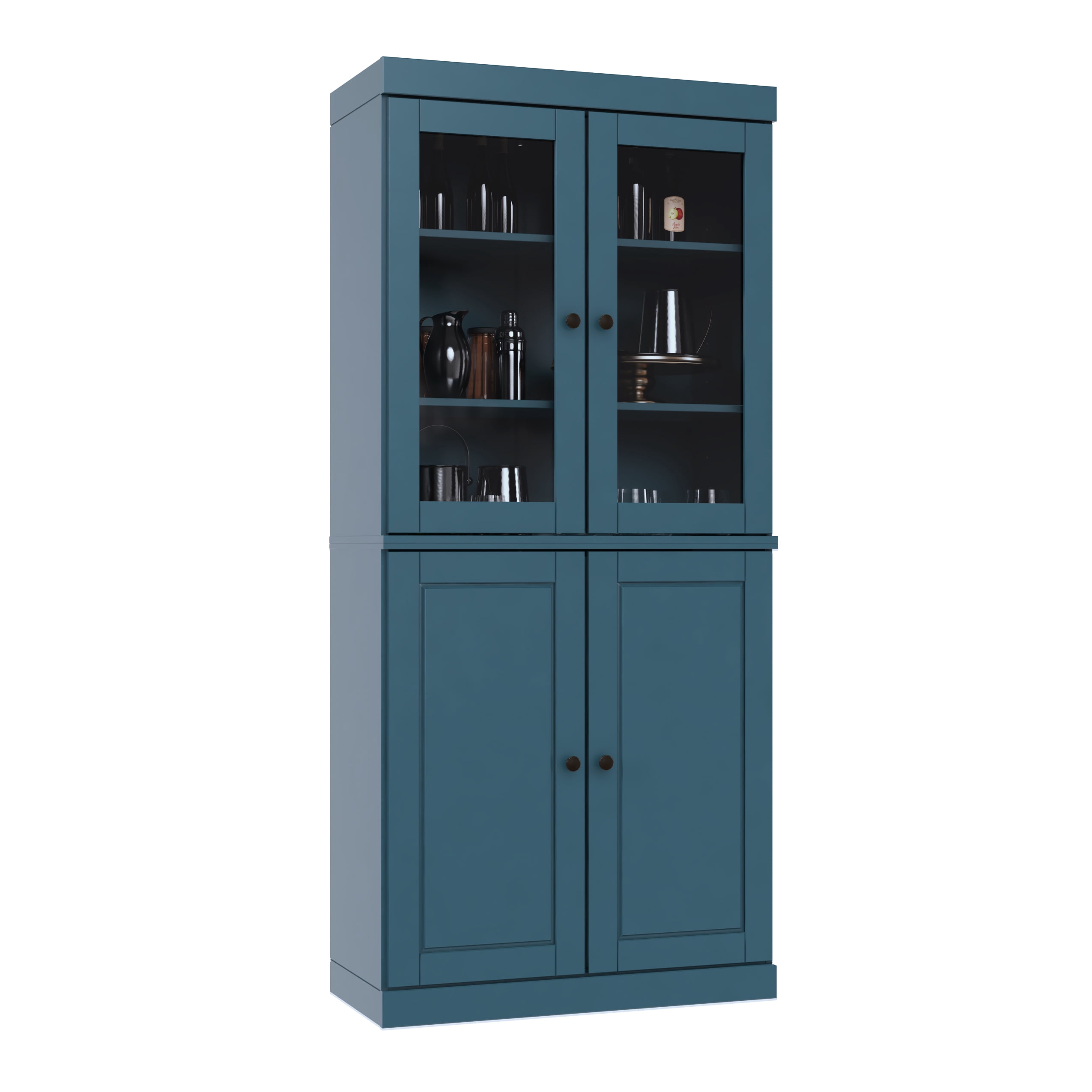 Palace Imports 100% Solid Wood Kitchen Pantry Storage Cabinet with Glass & Raised Panel Doors and Adjustable Shelves, 4-Door, Teal Blue