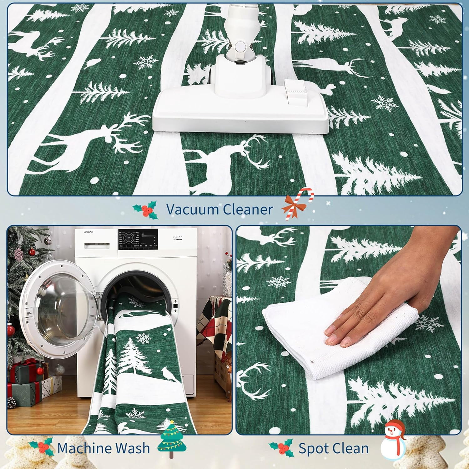 Garvee 9x12 ft Christmas Rug, Washable Non Slip Low Pile Carpet, Xmas Tree Reindeer Snowflake Indoor Rug for Entryway, Kitchen, Living Room, Green