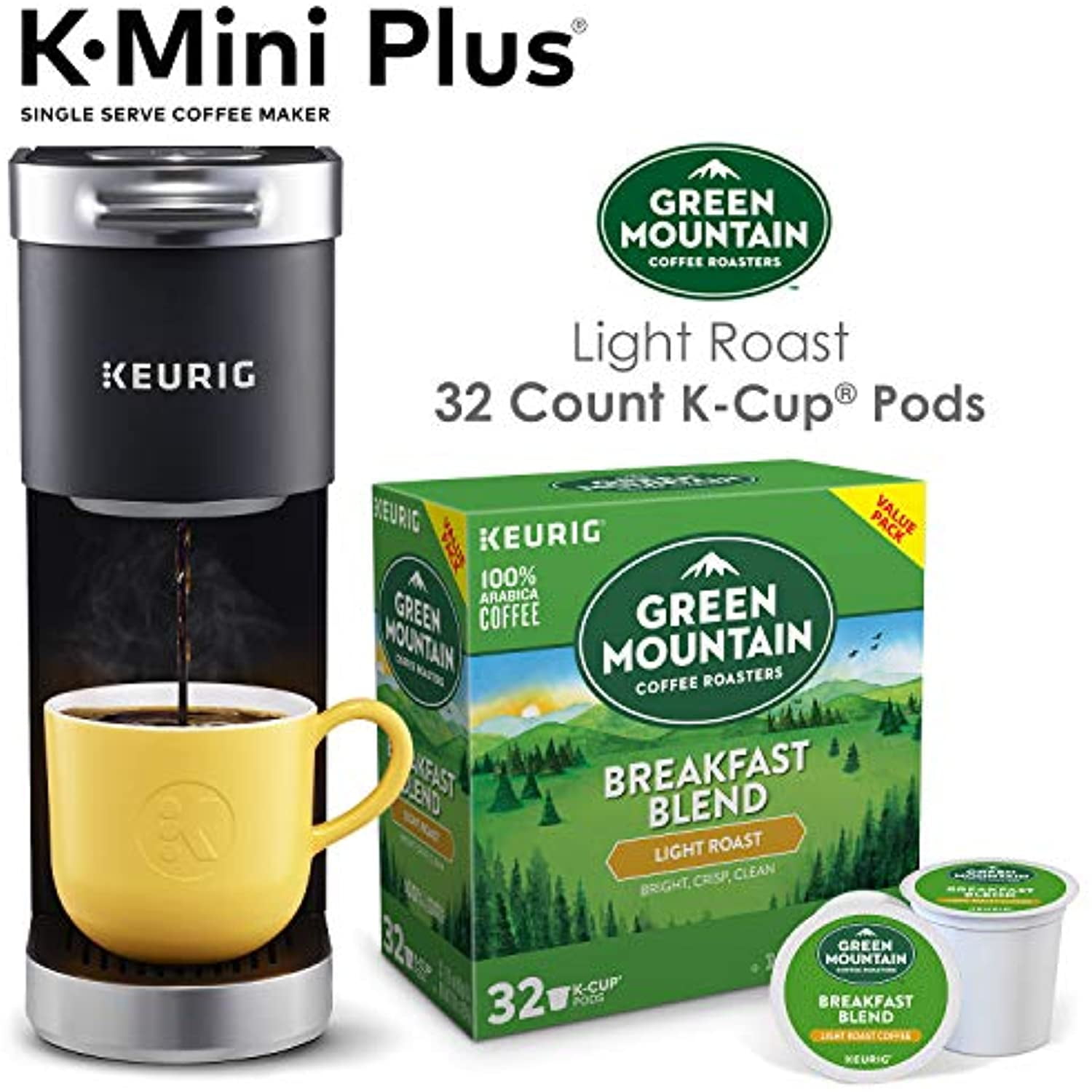 Keurig K-Mini Plus Single Serve Coffee Maker With Green Mountain Breakfast  Blend Coffee Pods, 32 Count