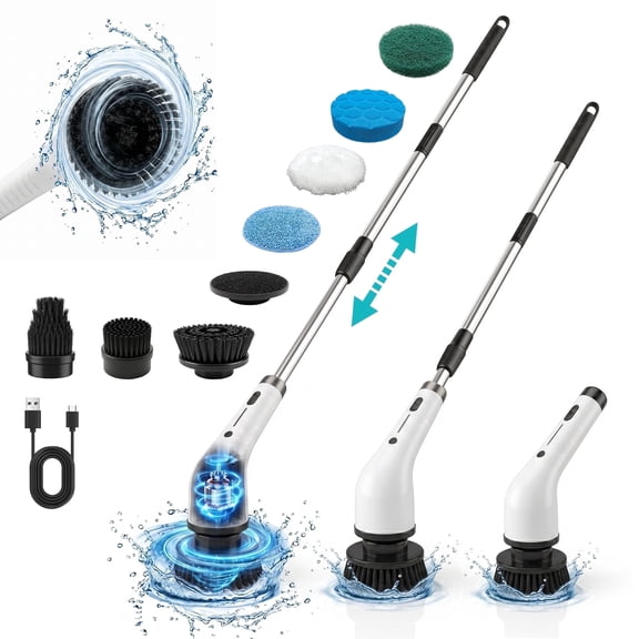 Electric Spin Scrubber, 2-Speed Power Cleaner with 8 Brush Heads, Type-C Fast Charging, 90  Mins Runtime, Cordless Shower Scrubber with Long Handle for Tub Tile Bathroom Kitchen Sink