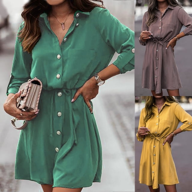 Gspmoly Robes pour Femmes, Robe Décontractée de Mode pour Femmes à Col à Revers, Boutonnée, Couleur Unie, Manches Longues, avec Ceinture, Robes de Soirée pour Femmes jusqu'à 65 % de Rabais