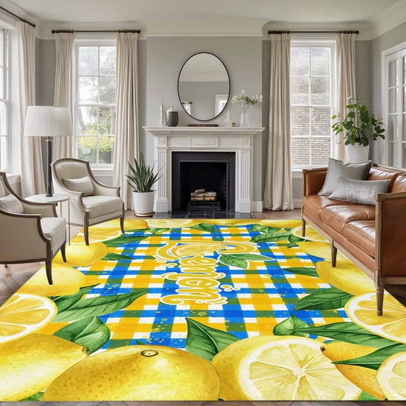 Yellow Lemon Area Rugs 6'x9', Washable Small Throw Rugs for Kitchen Dining room, Summer Botanical Blue Yellow Buffalo Plaid Indoor Outdoor Rug Non-Slip Low Pile Carpet Runner Reversible Floor Mats