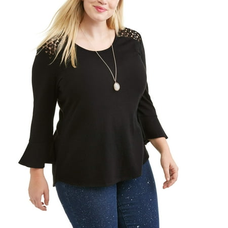 Juniors' Plus Lace Yoke Blouse With Ruffle Sleeve and Necklace 2fer