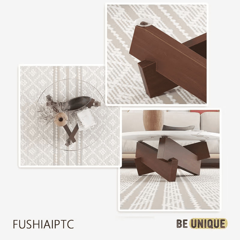 Coffee Tables for Living Room-Triangle Glass Coffee Table with Irregular Wooden Base End Table,Mid-Century Modern Abstract End Table,for Study Room Office Hotel Balcony（Walnut color 31.5incin）