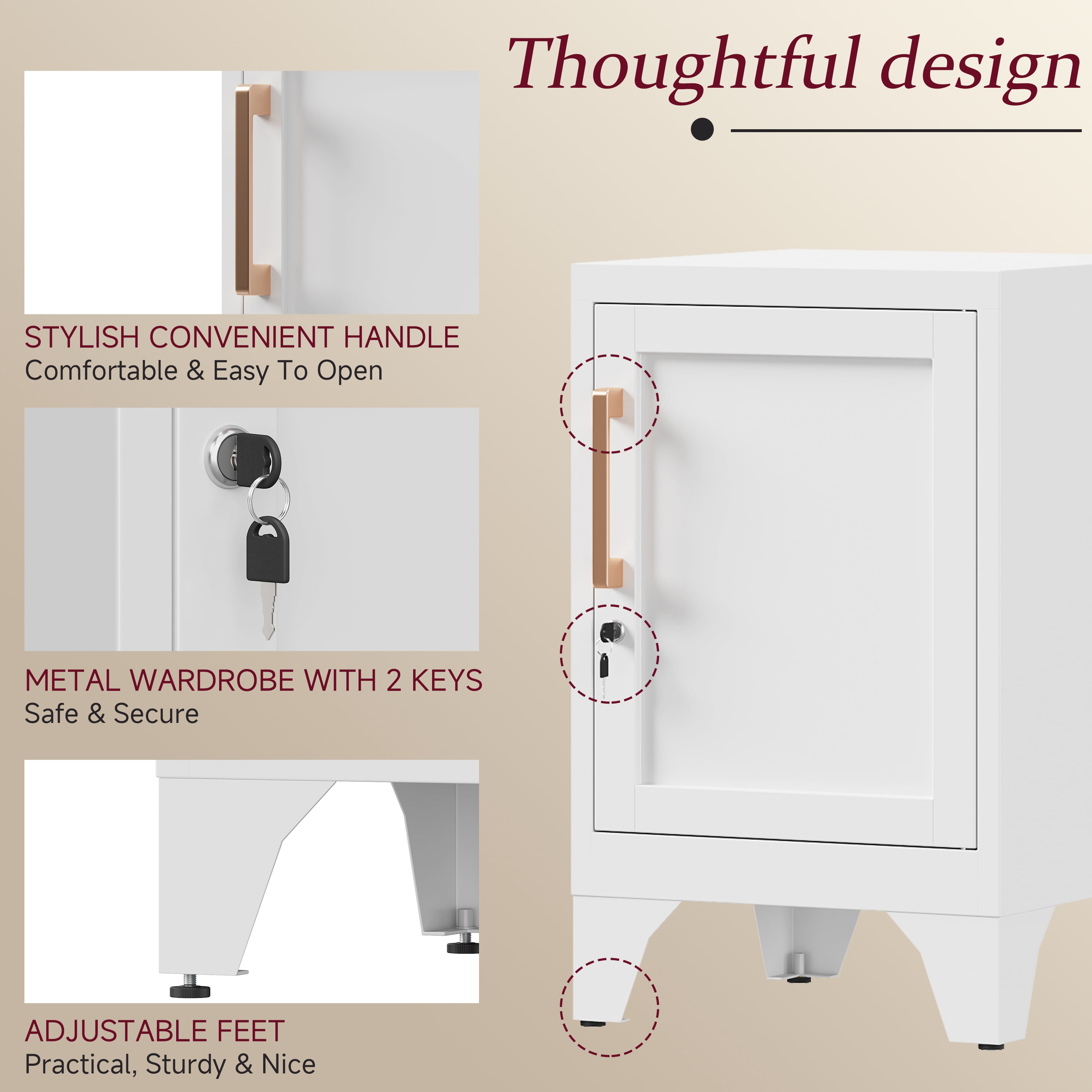 Bestoo Metal NightStand Storage Cabinets with Lock and Adjustable Shelf, Small End Table Side Table for Small Space, Lockable Bedside Table for Home Office Living Room Bed Room, White