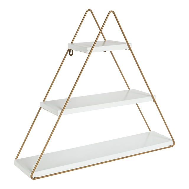 Kate and Laurel Tilde Metal Wall Shelves, 25 x 21, White and Gold, Three-Shelf Wall Organizer