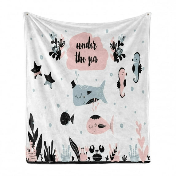 Cartoon Soft Flannel Fleece Throw Blanket, of with Animals and Under the Sea Lettering, Cozy Plush for Indoor and Outdoor Use, 50" x 60", Pale Blue Grey Baby Pink, by Ambesonne