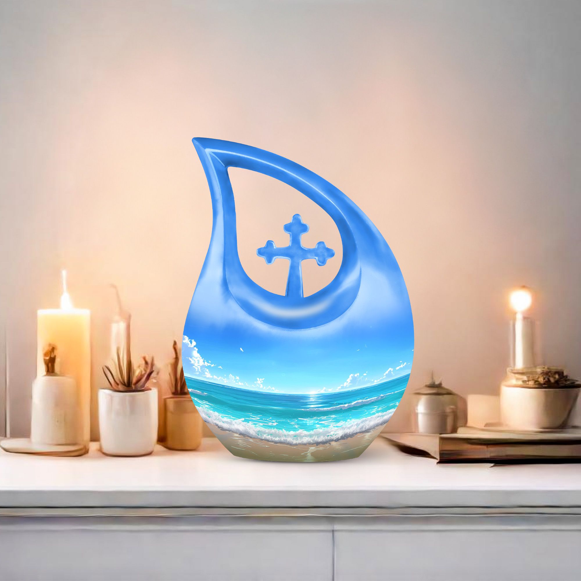 MUKTIVE Beach Memorial Urns for Adult Male, Funeral Urn for Ashes for Women, Combo Sets Blue Cremation Urn for Brother & Sister, Burial Urns for Human Ashes Adult Man,(1 Large 10 ", 4 Keepsake 3 ")