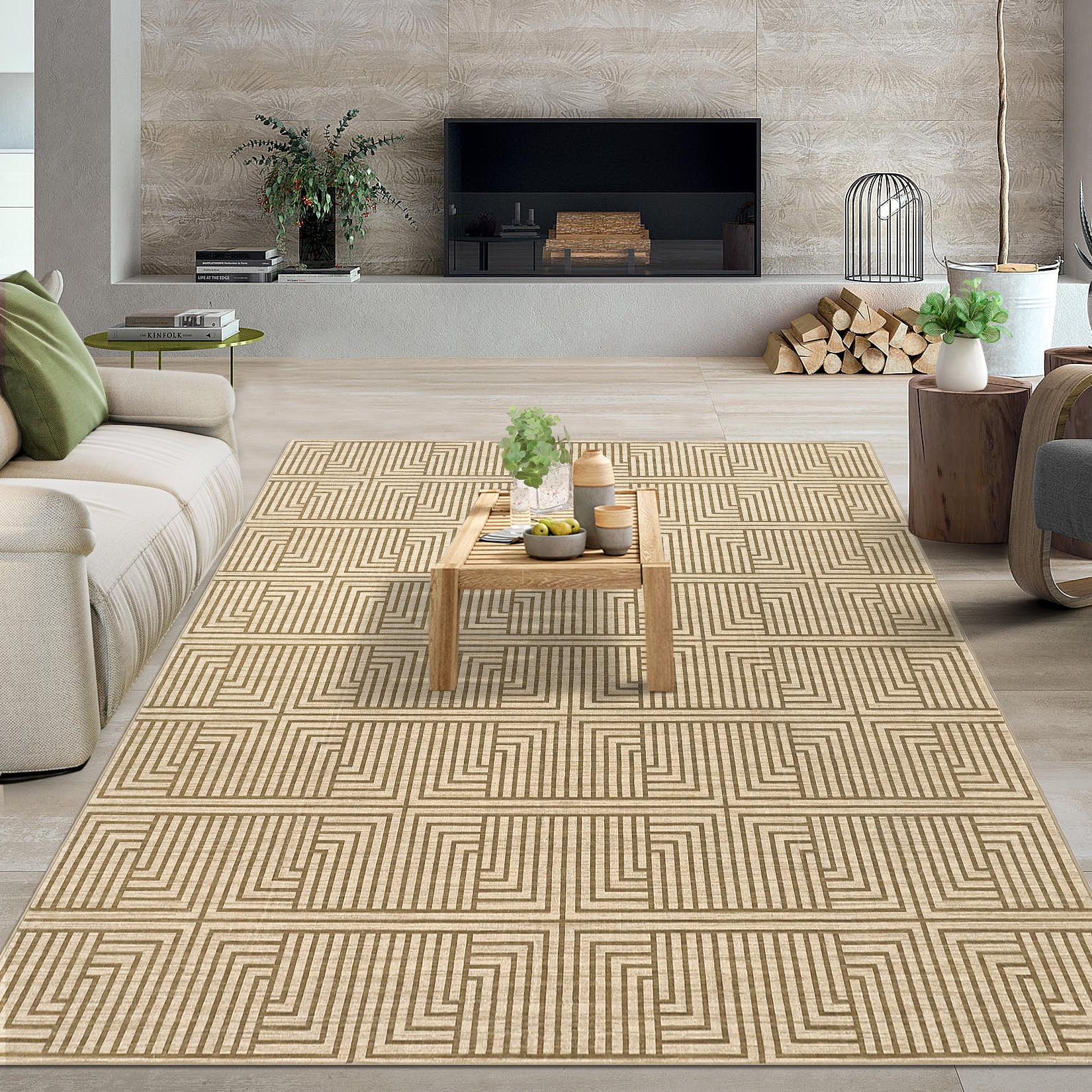 Outdoor Rug, 10x13ft Bordered Light Brown Modern Area Rugs for Indoor and Outdoor Patios, Porches Waterproof Washable Porch Deck Outside Carpet