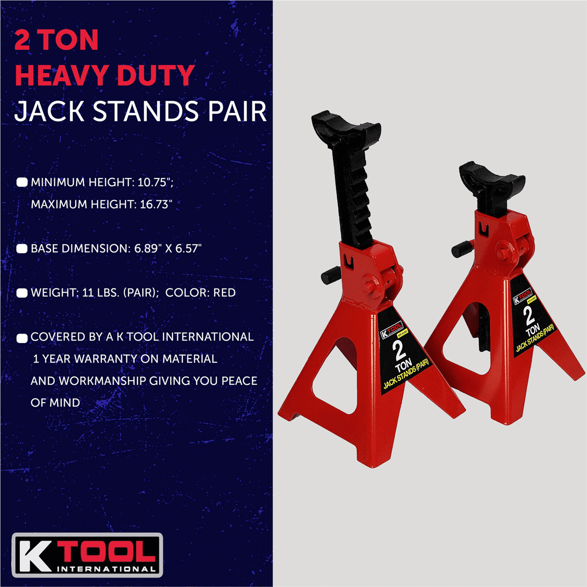K Tool 61201 2 Ton Jack Stands, Heavy-Duty Steel, Adjustable Height