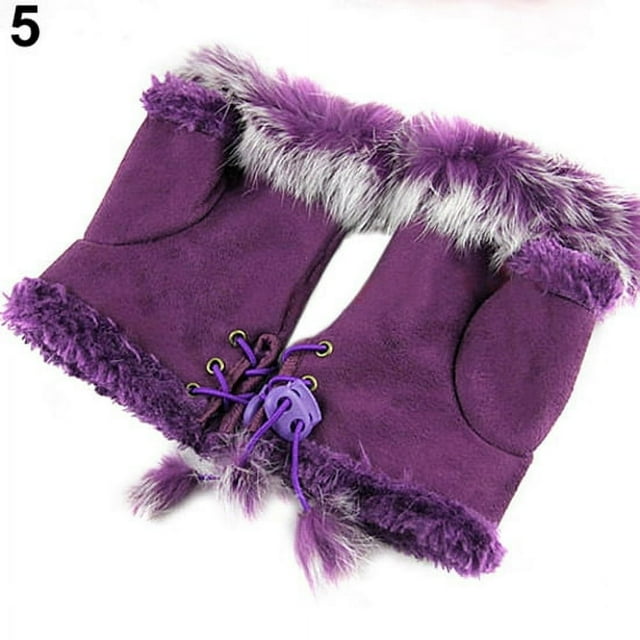 MesaSe Women\‘s Winter Faux Rabbit Fur Faux Leather Fingerless Mittens Wrist Gloves