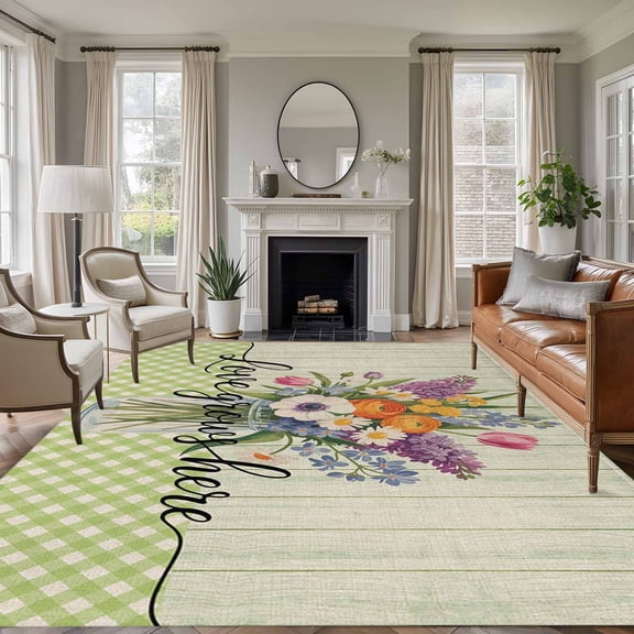 Large Area Rugs for Living Room Bedroom, Watercolor Flowers 5'x8' Rug Washable Carpet Runner Indoor Outdoor, Spring Floral Sage Green Stripes Check Non Slip Floor Mats Rug for Kitchen, Bathroom