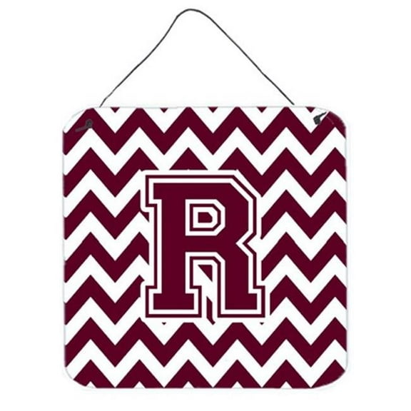 Letter R Chevron Maroon & White Wall or Door Hanging Prints, 6 x 0.02 x 6 in.