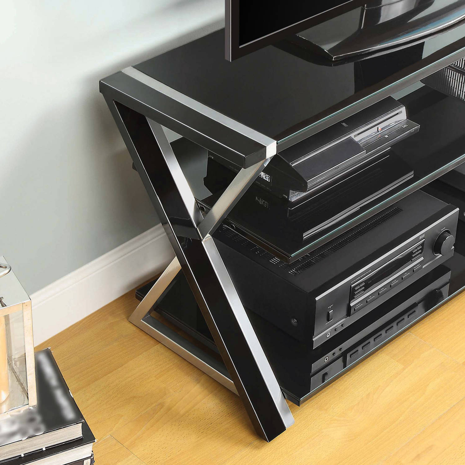 Whalen Furniture Black TV Stand for 60" Flat Panel TVs with Tempered Glass Shelves - image 3 of 4