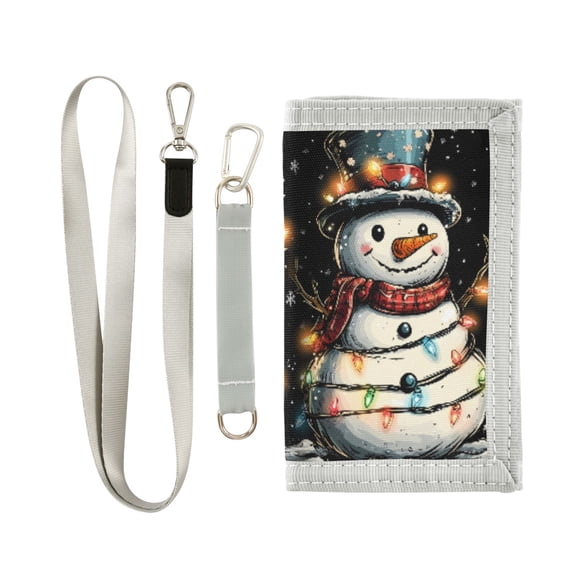 JIALIOU Nylon Trifold Card Wallet with ID Window Zipper Pocket for Men Women Teen Happy Snowman with Colorful Lights