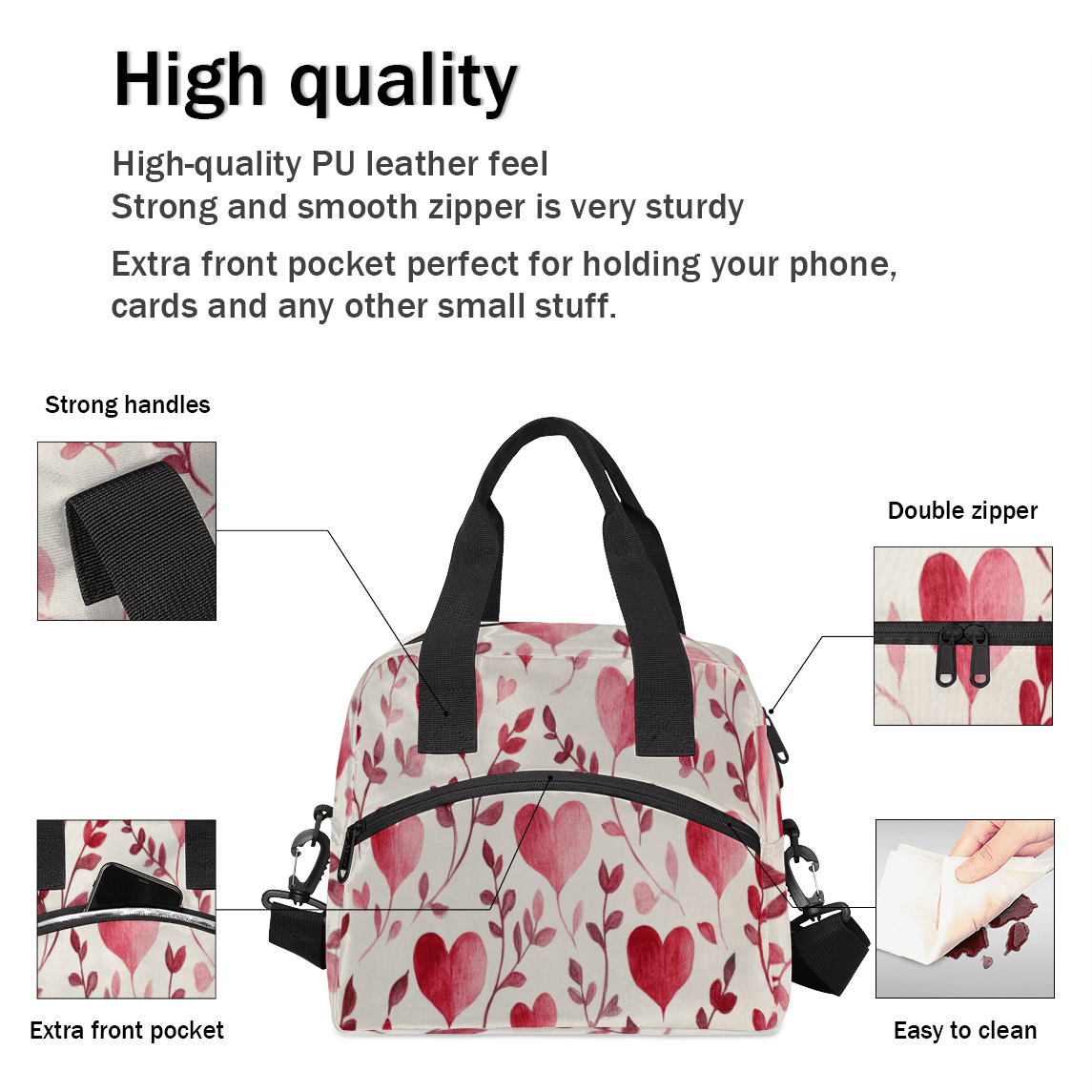 Herdesigns Cute Heart Shape Insulated Lunch Bag for Women Men Adults Large Reusable Lunch Box Leakproof Portable Cooler Tote Bags with Adjustable Shoulder Strap