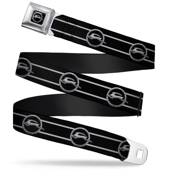 GM General Motors Belt, Seatbelt Buckle Belt, 1962 Chevrolet Impala Deer Emblem Stripe Black Silver, 24 to 38 Inches