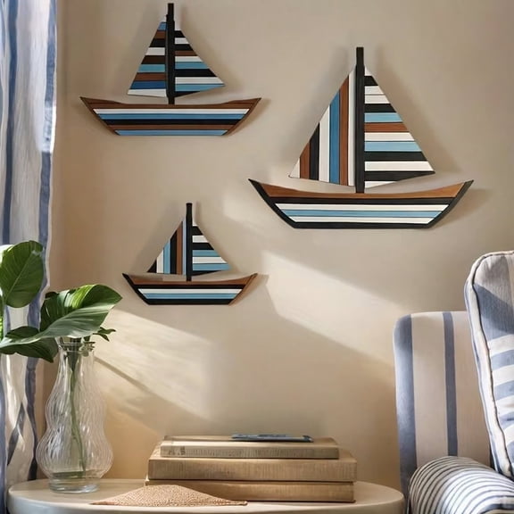 mdesiwst 3 Pcs Wooden Sailboat Wall Decor Coastal Nautical Hanging Sailboat Wall Art Rustic Ocean Shipping Boat Sculpture for Home Bathroom Living Room Bedroom