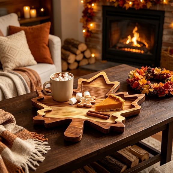 Wooden Serving Tray 11 Inch Round Decorative Tray for Coffee Table Ottoman Food Display, Natural Solid Wood Platter for Dining Room Kitchen Home Decor