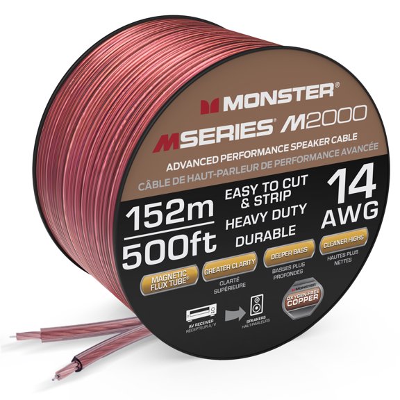 Monster M-Series 14 AWG Speaker Wire: Advanced Performance Speaker Cable 500 FT Spool with Oxygen-Free Copper Speaker Wire Construction - Easy to Strip & Install Speaker Cables