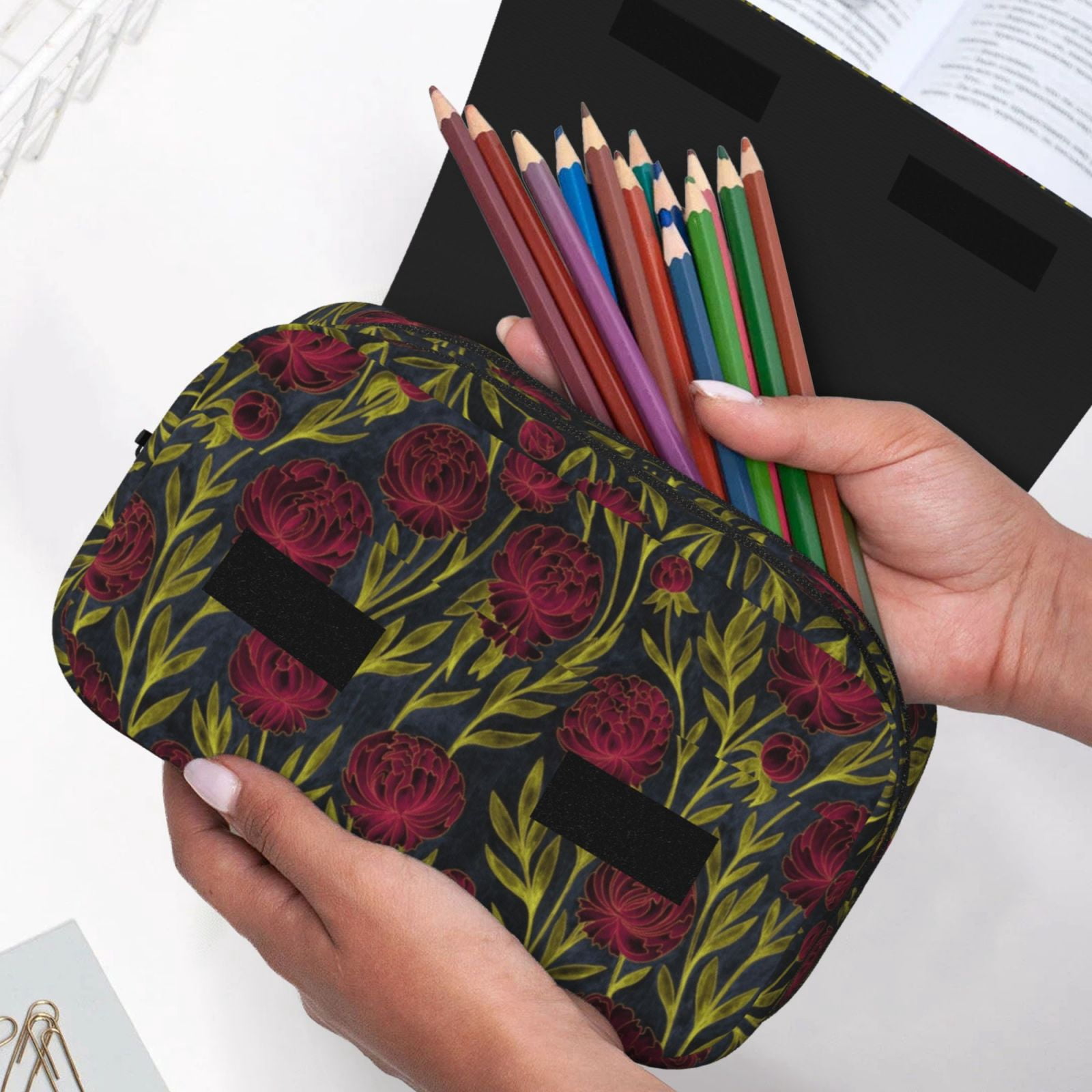 Rateoe Burgundy Peony Flowers Pattern Double Clamshell Pen Case, Storage Organizer with Two Zipper Compartments– Holds Up to 50 Pencils & Pens