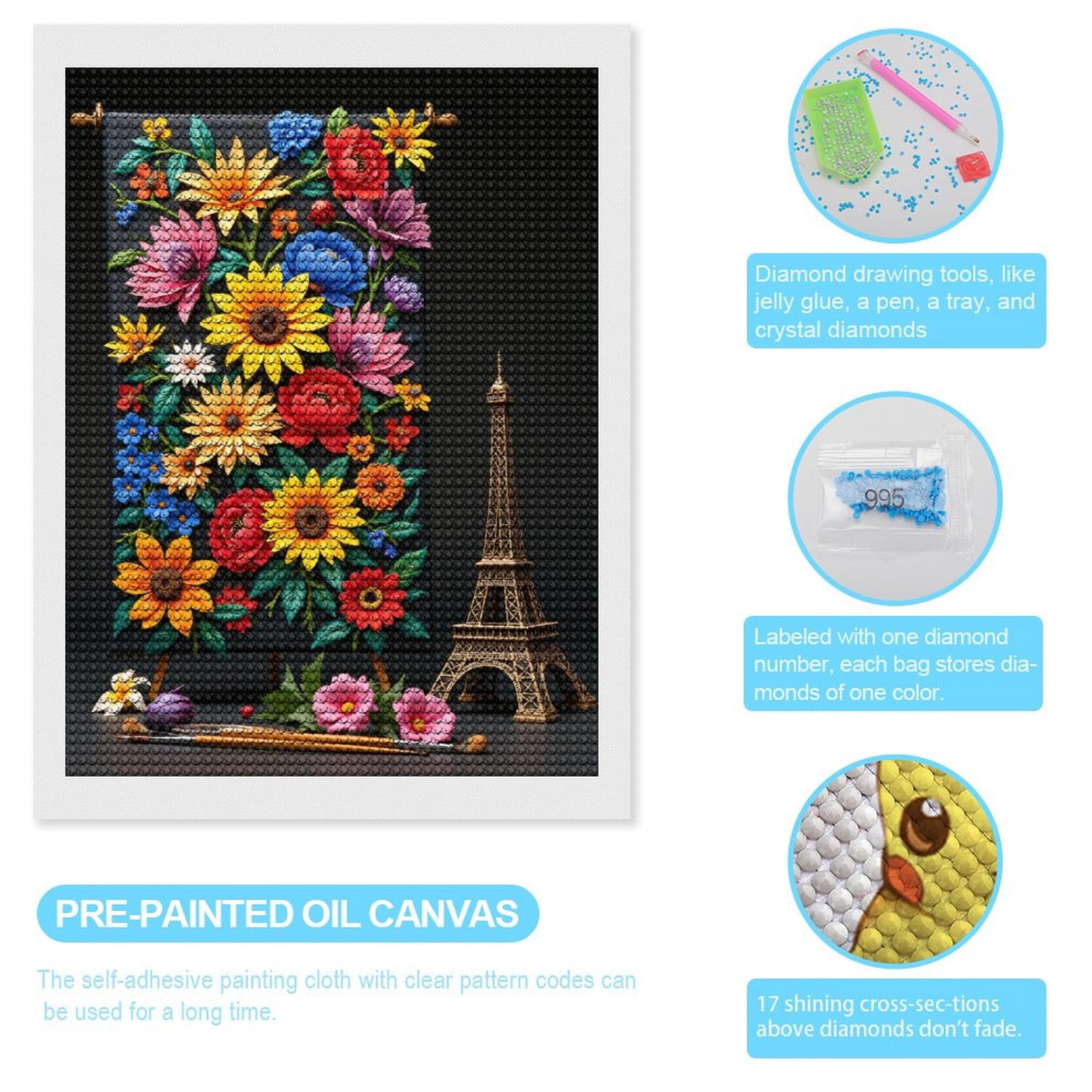 Diamond Art Kits for Adults, Colorful Floral Canvas Parisian Charm 5D Diamond Painting Kits for Adults Beginners, DIY Full Drill Diamond Painting, Gem Art and Crafts 12x16