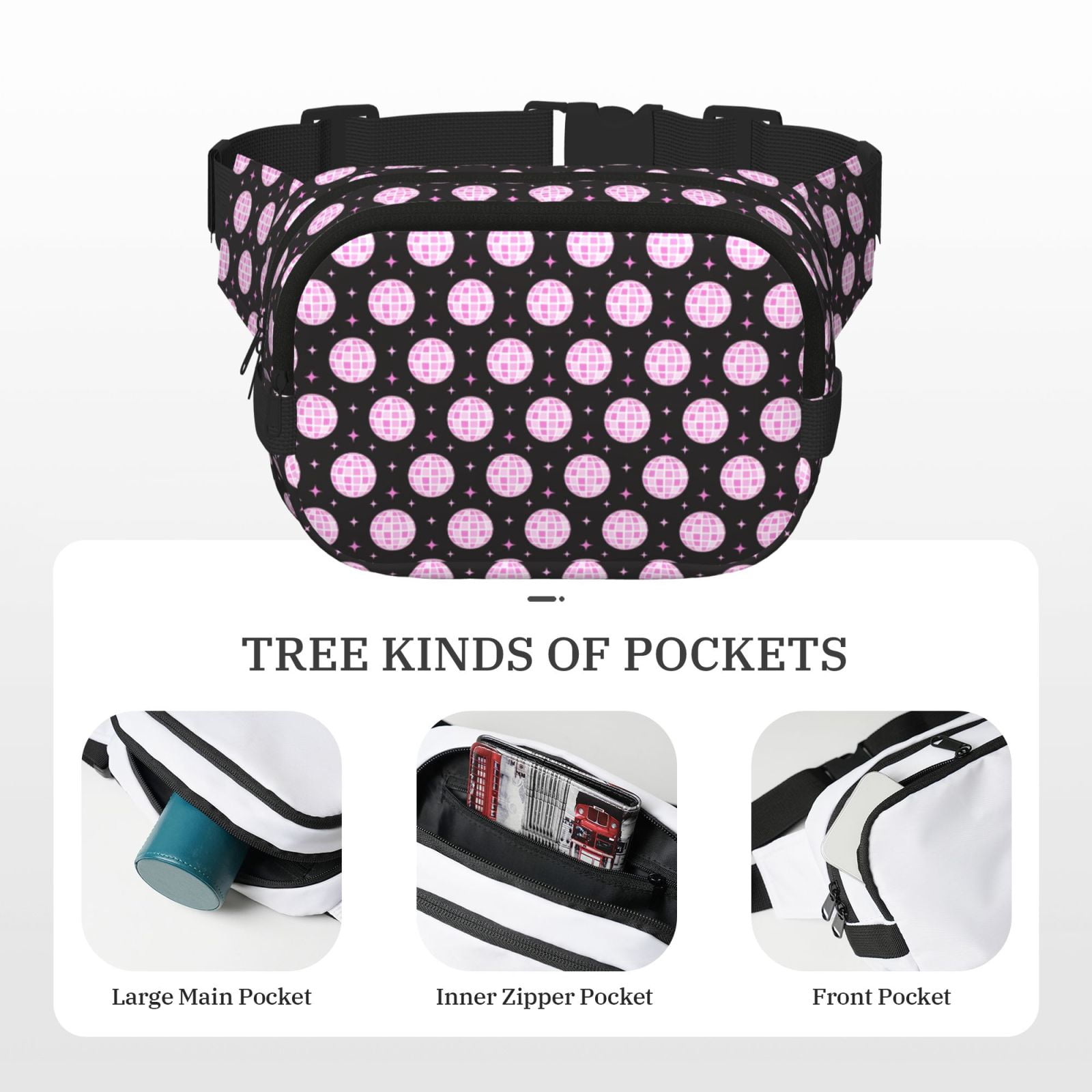 Picia Pink Groovy Disco Ball Print Square Double-Layer Waist Bag Mini Adjustable Waist Belt Bag Exercise Running Travel Hiking