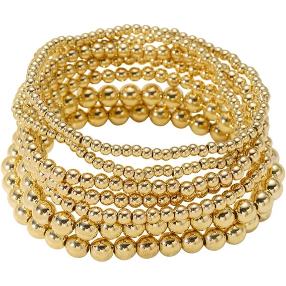 DESIGNICE Gold Beaded Bracelet Set – 14K Gold Plated Ccb Ball Beads Stack Stretch Bracelet,Mixed Sizes 3-8 Mm