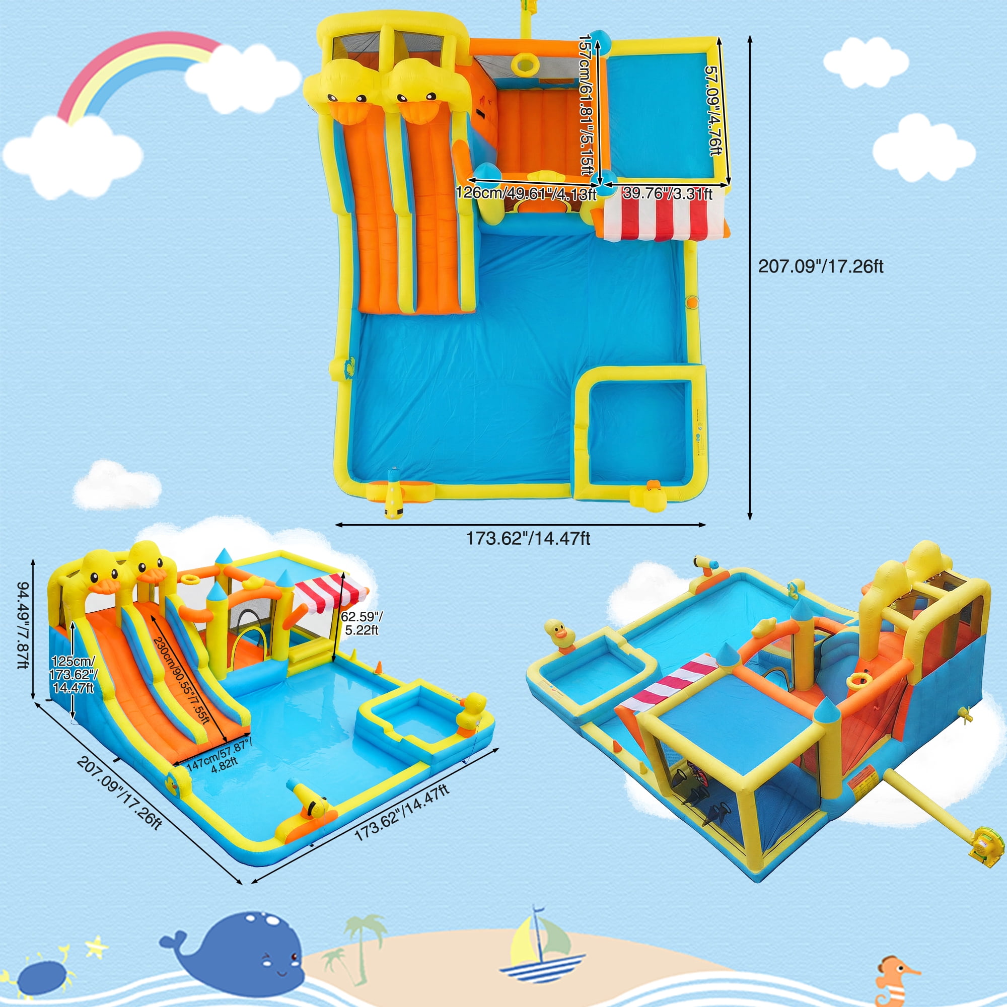 KloKick Cute Duck Inflatable Water Park with Dual Pools, Slide, Basketball Hoop & 2 Water Guns