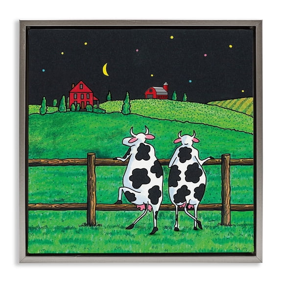 Stupell Industries Girls Night Out Cows Animals Painting Gray Floater Framed Canvas Art Print Wall Art, 18 x 18