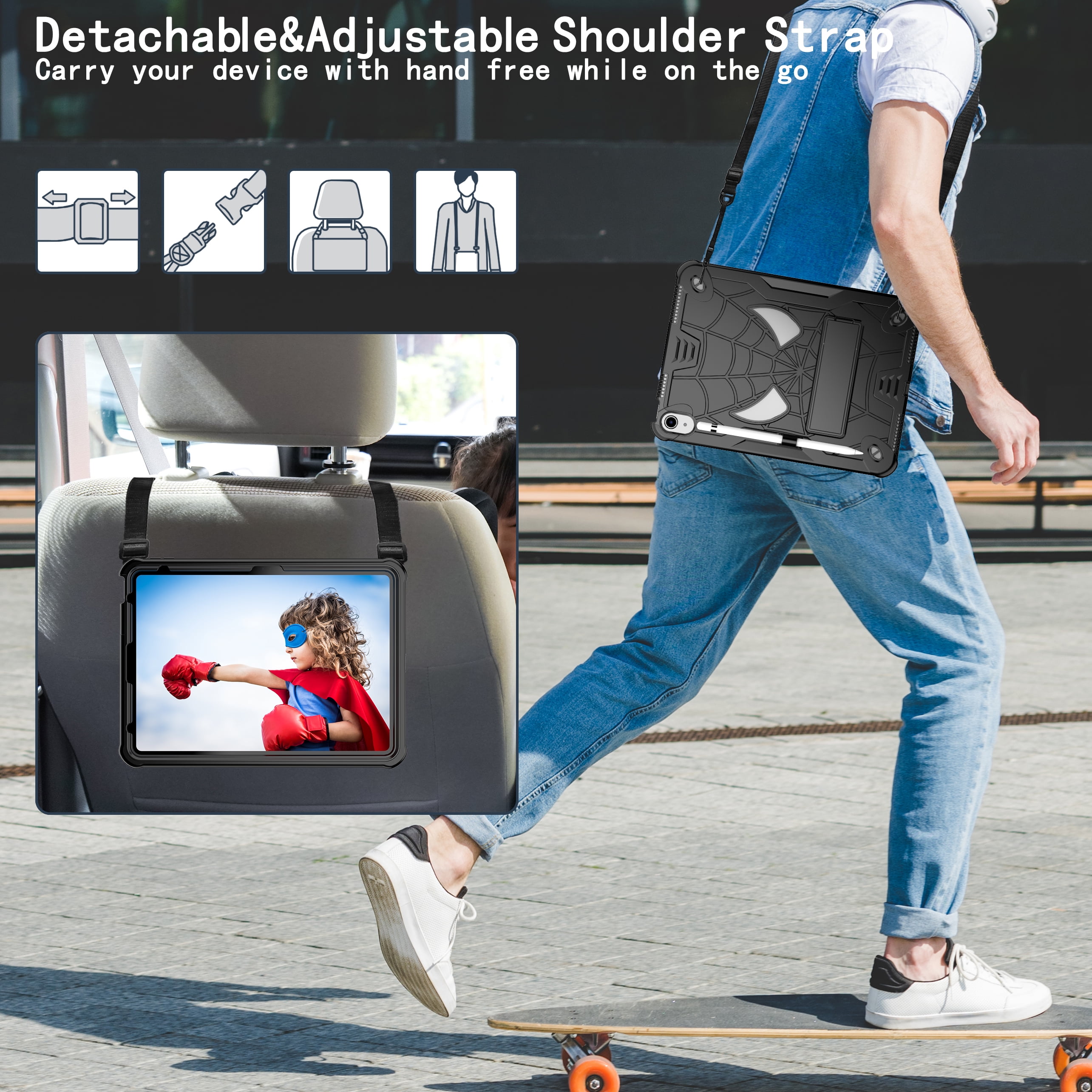Rugged Shockproof Protective Case for Apple iPad A16 11th Gen 11" 2025 & iPad 10th Gen 10.9" - Heavy Duty 3-Layer Armor, Built-in Kickstand, Shoulder Strap, Pencil Holder, Shock Absorption,Black