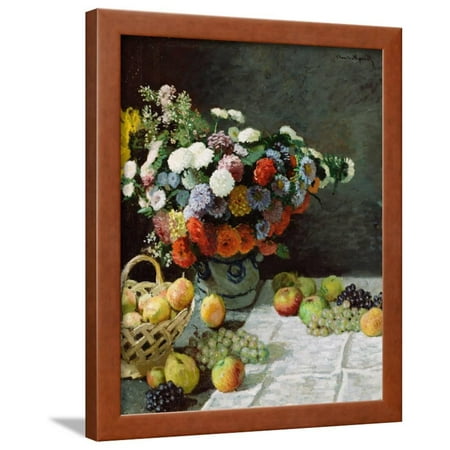 Flowers Framed Art - Still Life with Flowers and Fruit, 1869 Framed Print Wall Art By Claude Monet