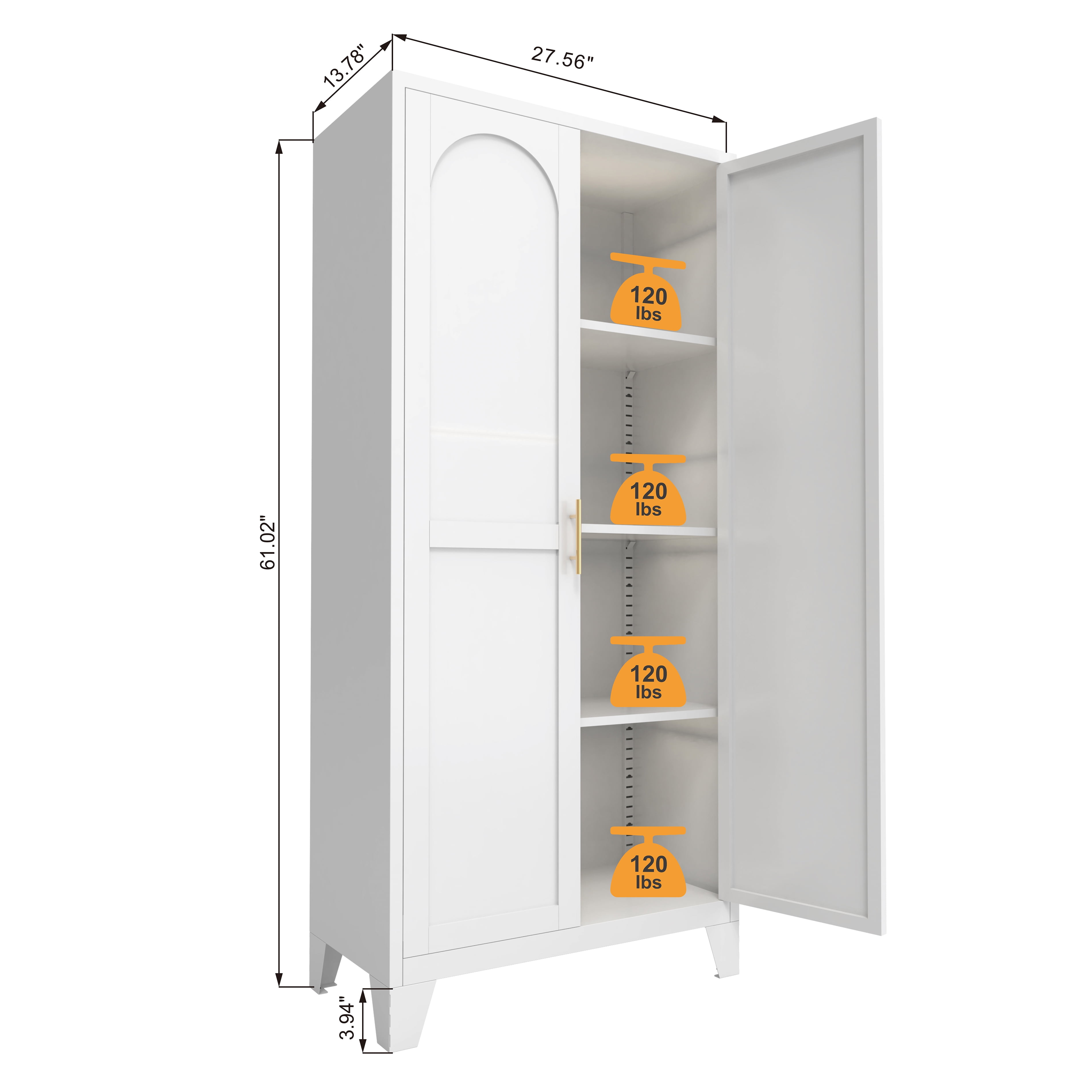 Miniyam 61"H Metal Storage Cabinet with 2 Shaped Doors & Adjustable Shelves – White, for Bedroom/Living Room
