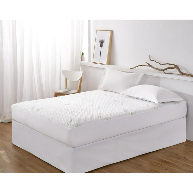 bed featuring Marina Decoration premium luxury ultra soft waterproof bamboo rayon fitted mattress protector with deep pockets fitting up to 18 inch mattresses