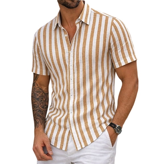 Uwinwear Men's Fashion Linen Short Sleeve Button-Up Striped Dress Shirt Lightweight Tops Summer Beach Breathable Casual Wear,Yellow,XXL