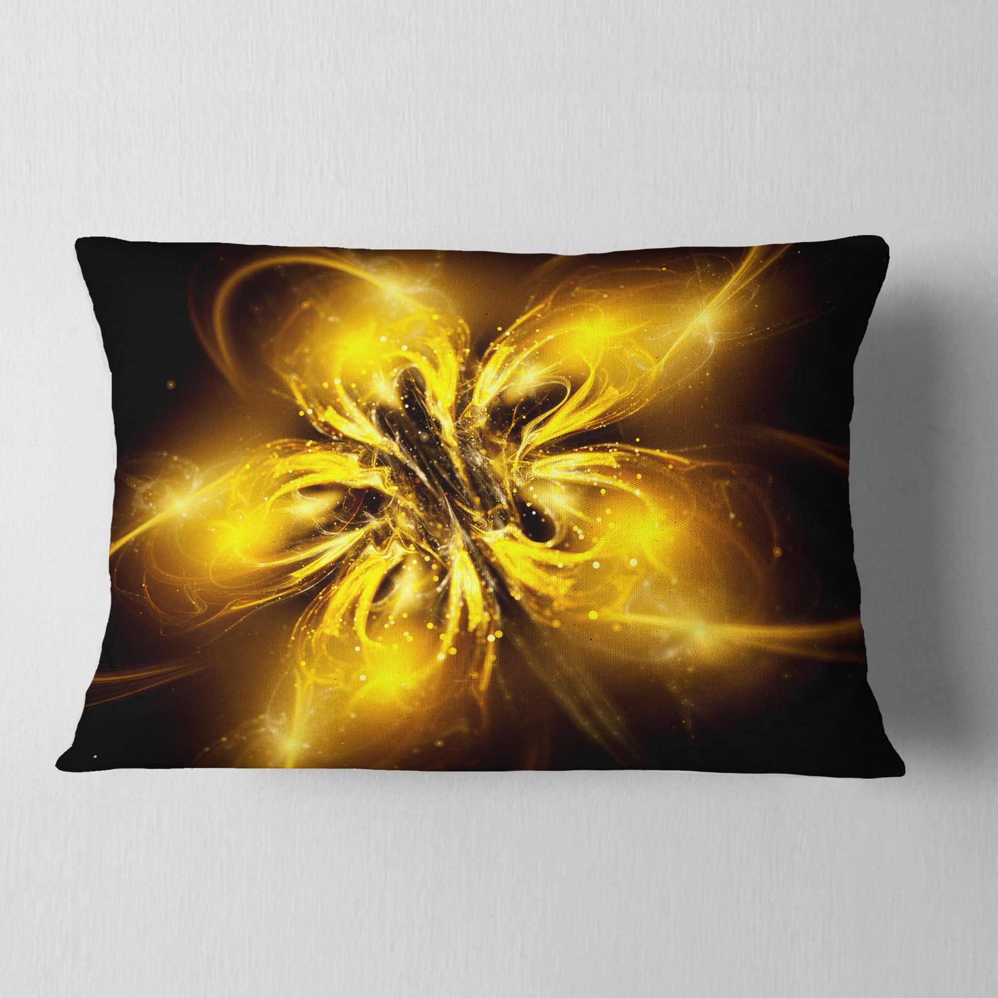 Designart Shiny Gold Fractal Flower on Black - Floral Throw Pillow - 12x20