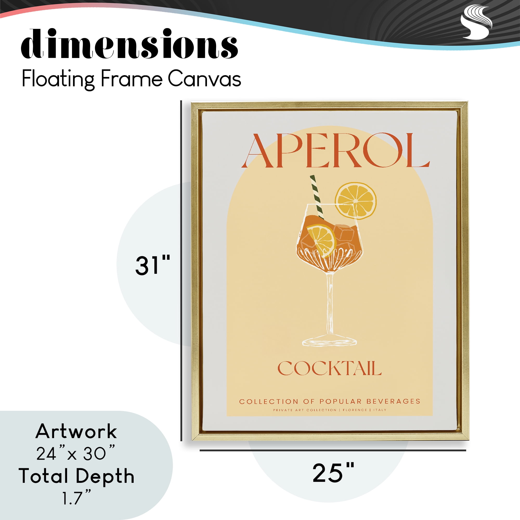 Stylish Retro Aperol Cocktail Gold Framed Floater Canvas Wall Art, design by Lil' Rue