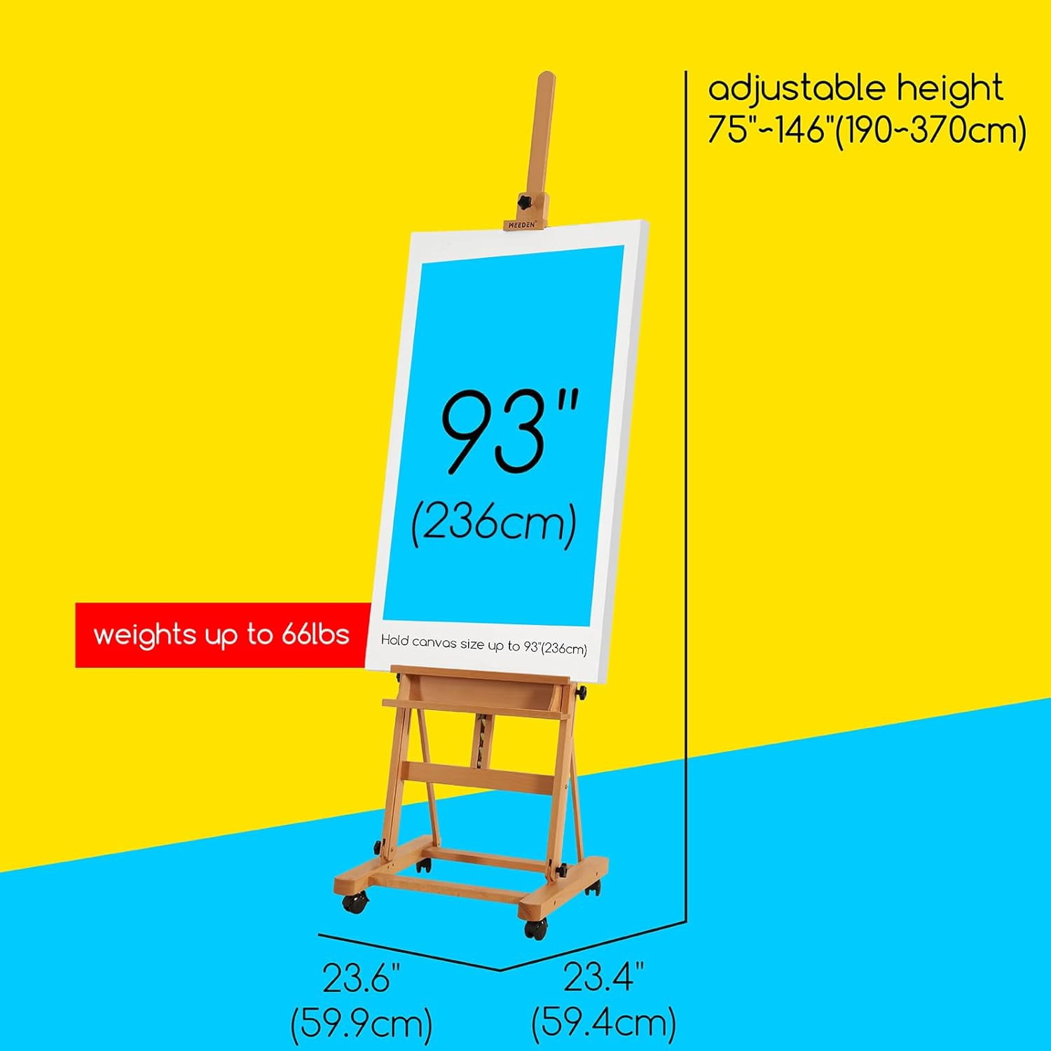 Easel Stand for Painting and Display, Adjustable H Frame Floor Art Easel for Drawing, Heavy Duty Beech Wood Hold Canvas up to 146", 4 Wheels & Storage Tray - Professional for Sign, Studio